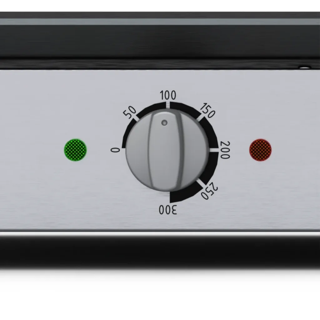 Pogled na termostat električnega žara Flamula, sodobna naprava za pripravo jedi na plošči.