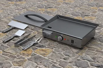 Vista del barbecue elettrico ELQ2000 con piastra liscia e scocca in metallo.