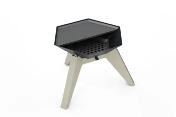 Braciere in metallo Flamula 600 con design esagonale moderno e gambe beige, adatto per uso esterno.