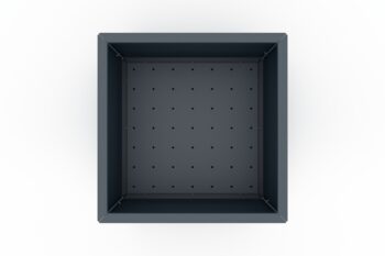 Fioriera Flamula vista dall'alto in prospettiva con fondo perforato visibile.