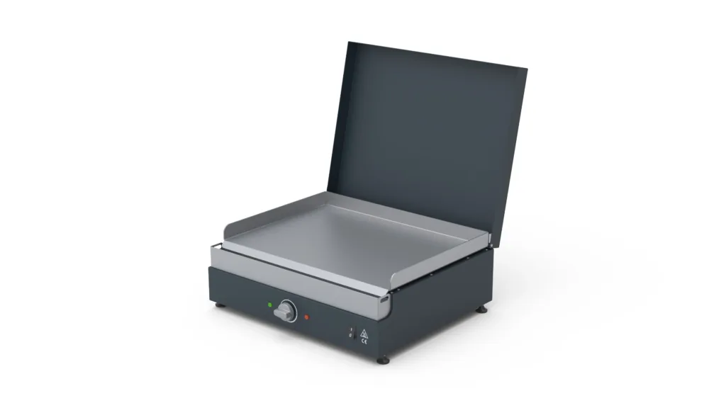 Barbecue elettrico Flamula ELQ2500 con coperchio, piastra in inox e guscio nel colore antracite RAL 7016 FS.