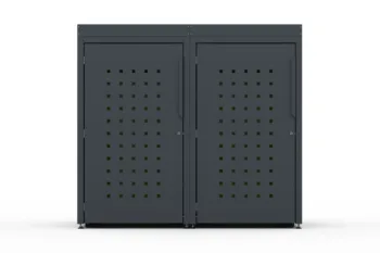 Copri bidone metallico per due bidoni da 240 litri con motivo decorativo a quadri sulla porta e vassoio per piantare fiori.