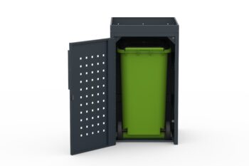 Copri bidone metallico per un bidone da 240 litri con vassoio per fiori e motivo sulla porta.