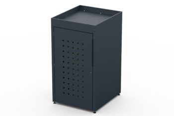 Copri bidone metallico per un bidone da 240 litri con vassoio per fiori e motivo sulla porta.