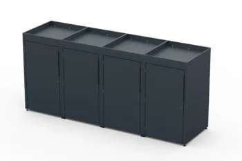 Copri bidone in metallo per quattro bidoni da 240 litri con tetto verde.