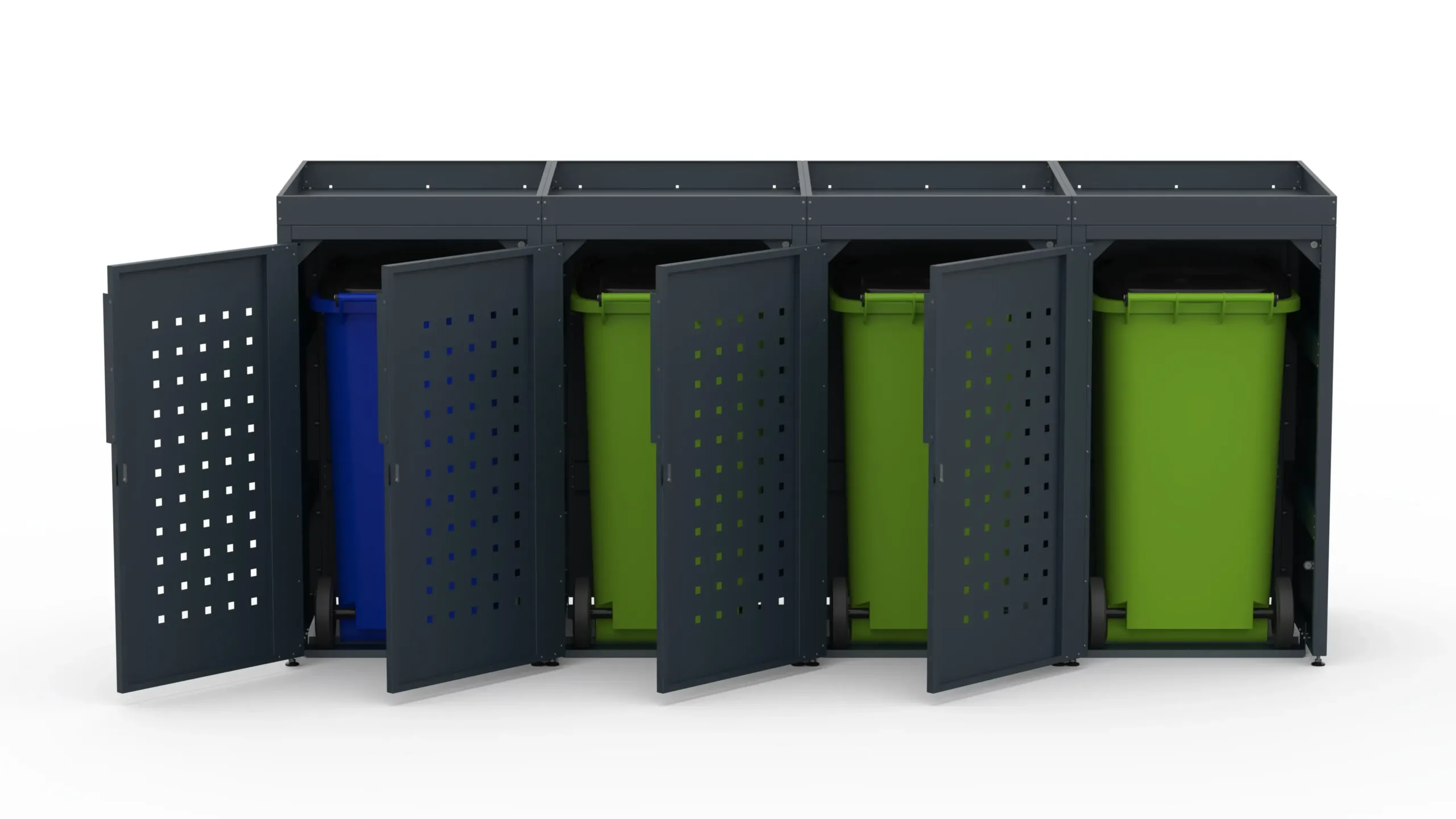 4 – Copri bidone parziale con tetto verde e motivo a quadri RAL7016 FS Copri bidone in metallo per quattro bidoni da 240 litri con tetto verde e motivo a quadri sulle porte.