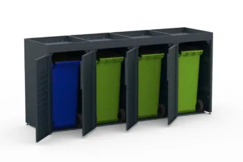 Copri bidone in metallo per quattro bidoni da 240 litri con tetto verde e motivo a quadri sulle porte.