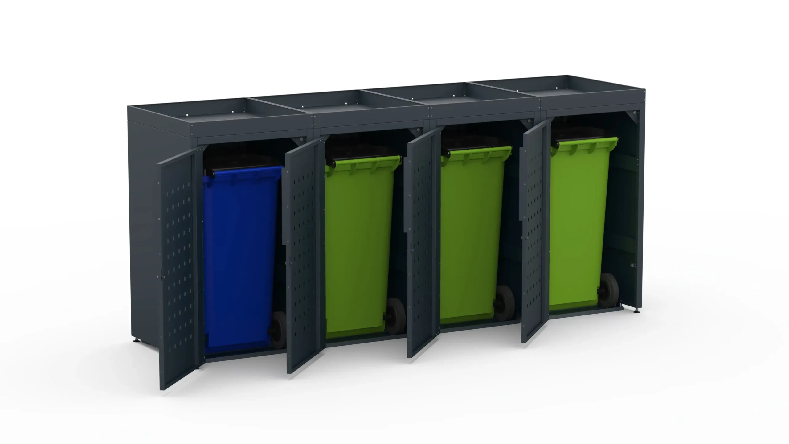 4 – Copri bidone parziale con tetto verde e motivo a quadri RAL7016 FS Copri bidone in metallo per quattro bidoni da 240 litri con tetto verde e motivo a quadri sulle porte.