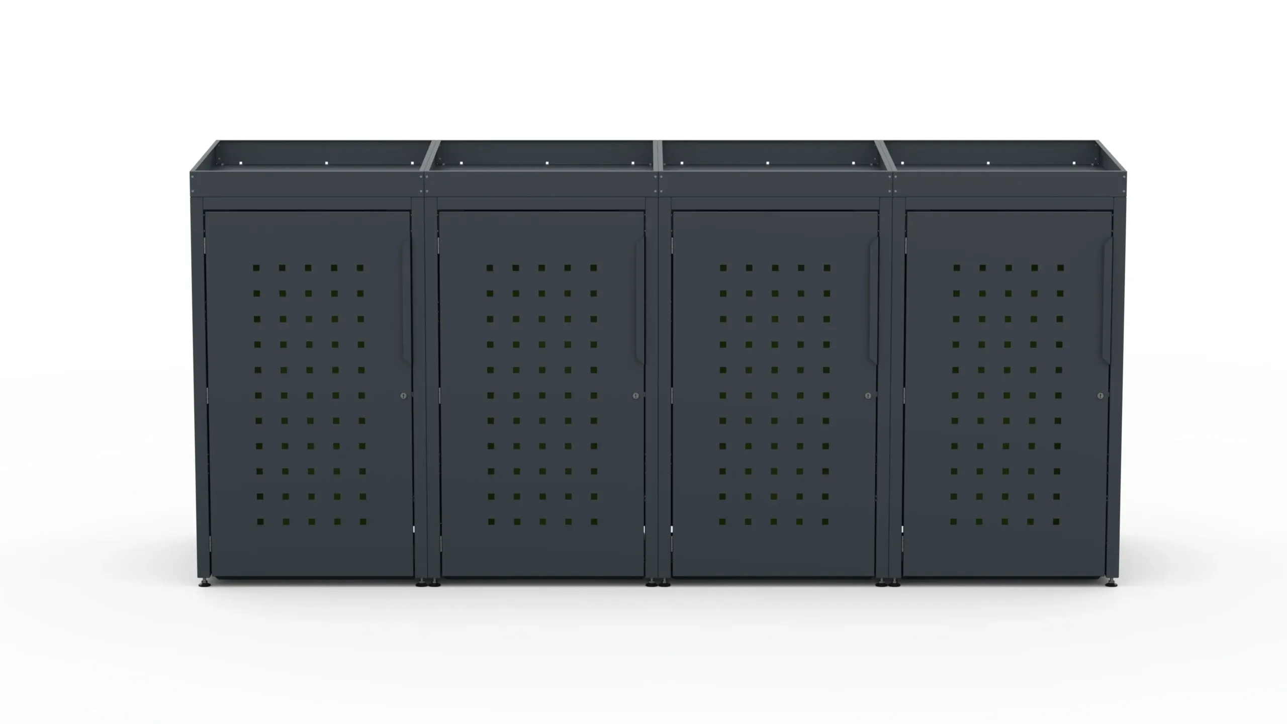 4 - Copri bidone parziale con tetto verde e motivo a quadri RAL7016 FS Copri bidone in metallo per quattro bidoni da 240 litri con tetto verde e motivo a quadri sulle porte.