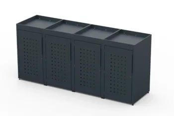 Copri bidone in metallo per quattro bidoni da 240 litri con tetto verde e motivo a quadri sulle porte.