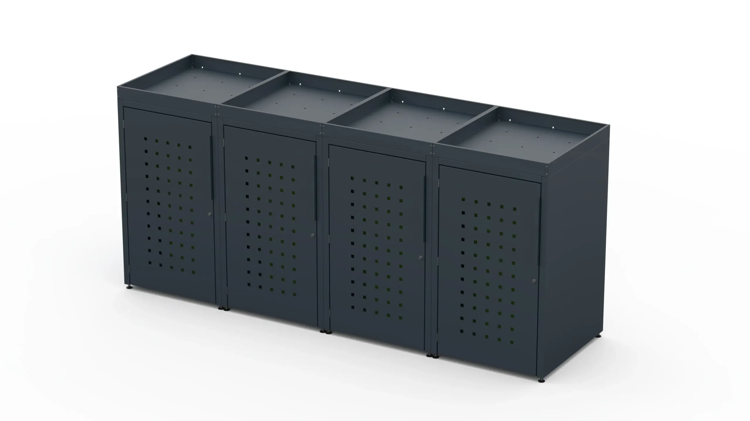 4 – Copri bidone parziale con tetto verde e motivo a quadri RAL7016 FS Copri bidone in metallo per quattro bidoni da 240 litri con tetto verde e motivo a quadri sulle porte.