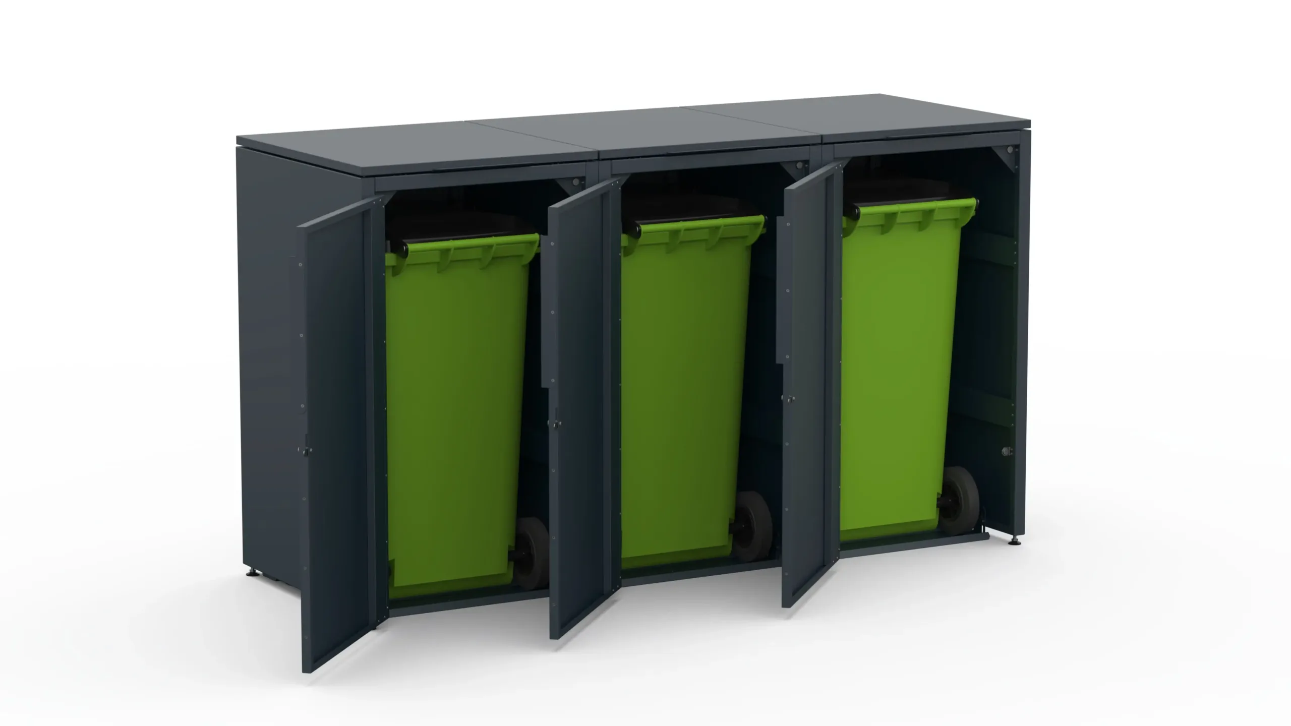 Copri bidone triplo RAL7016 FS Copri bidone in metallo per tre bidoni da 240 litri con tetto verde.