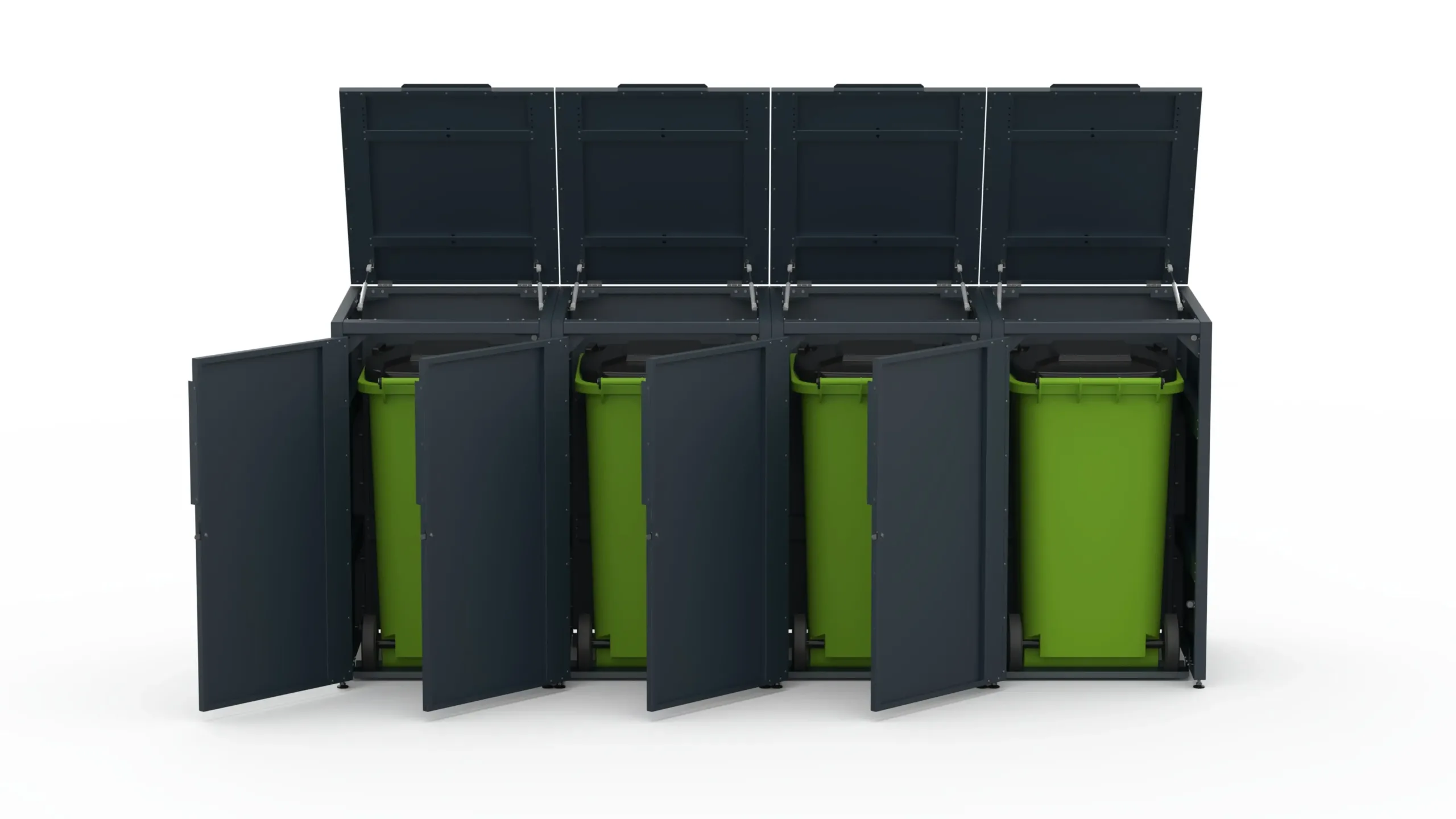 4 – Copri bidone parziale RAL7016 FS Copri bidone in metallo per quattro bidoni da 240 litri.