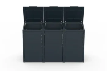 Copri bidone in metallo per tre bidoni da 240 litri con tetto verde.