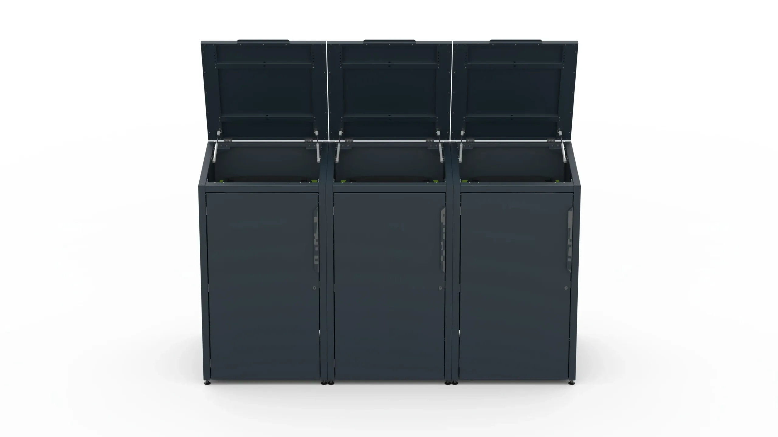 Copri bidone triplo RAL7016 FS Copri bidone in metallo per tre bidoni da 240 litri con tetto verde.