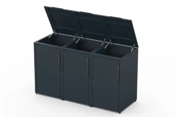 Copri bidone in metallo per tre bidoni da 240 litri con tetto verde.