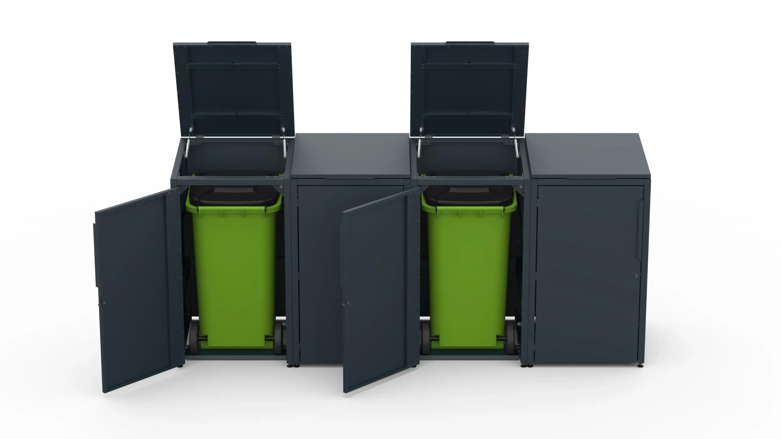 4 – Copri bidone parziale RAL7016 FS Copri bidone in metallo per quattro bidoni da 240 litri.