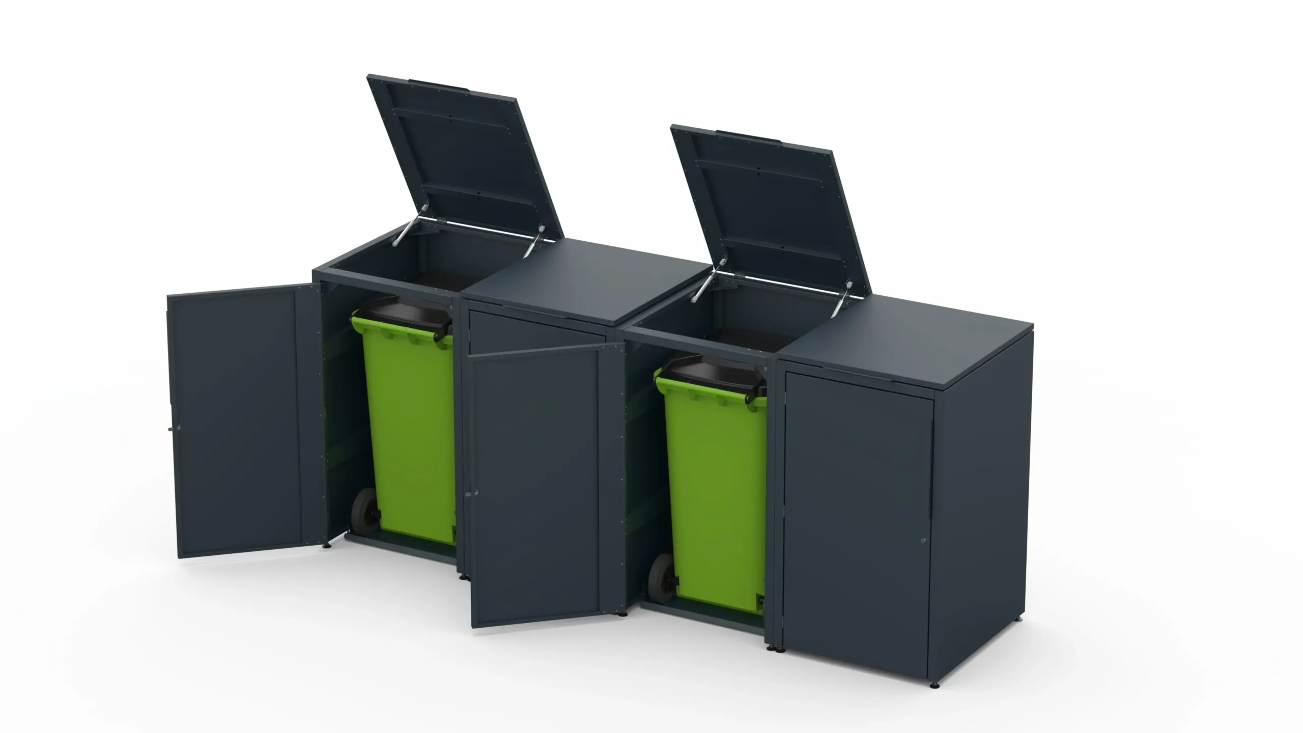 4 – Copri bidone parziale RAL7016 FS Copri bidone in metallo per quattro bidoni da 240 litri.