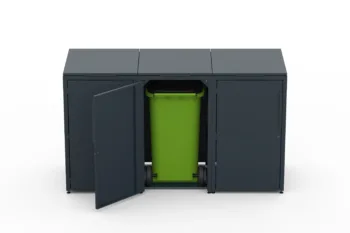 Copri bidone in metallo per tre bidoni da 240 litri con tetto verde.