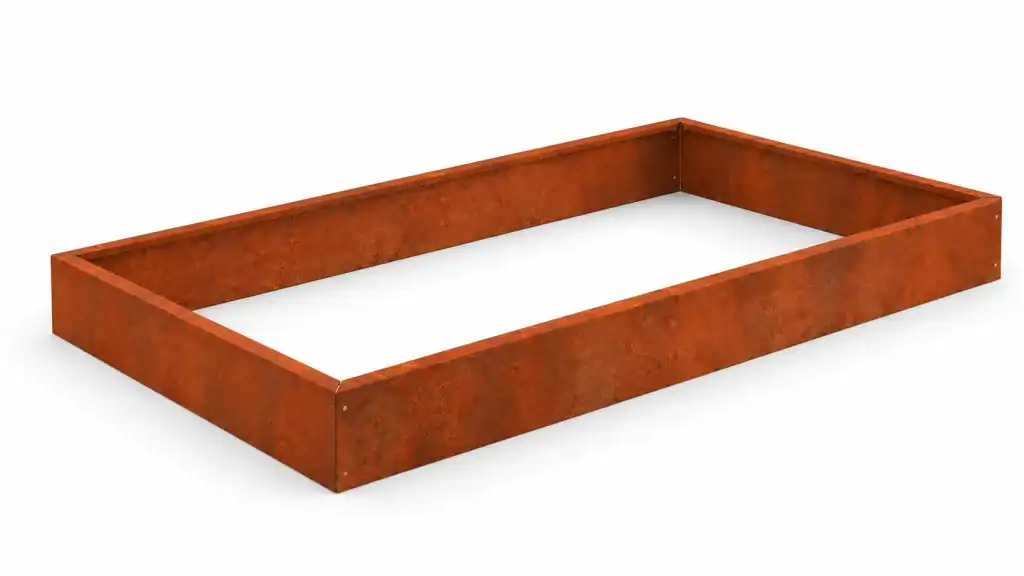 Aiuola rialzata in acciaio Corten da 100 × 150 × 15 cm, realizzata in acciaio Corten da 1,5 mm.
