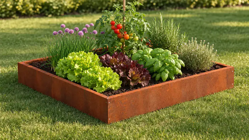 Aiuola rialzata in acciaio Corten, coltivata con erbe aromatiche e ortaggi in giardino.