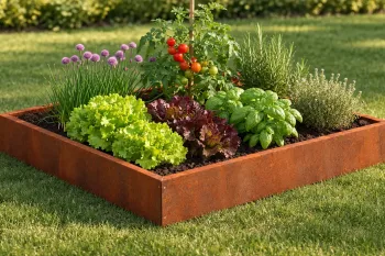 Aiuola rialzata in acciaio Corten piantata con erbe aromatiche e ortaggi in giardino