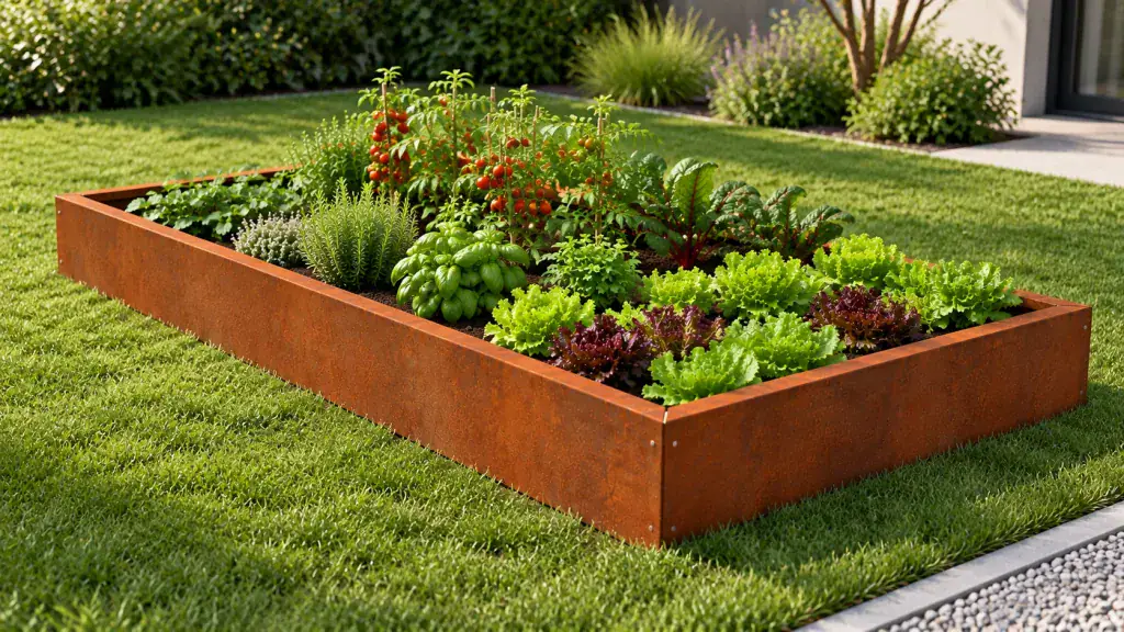 Aiuola rialzata in acciaio Corten da 100 × 150 × 15 cm, coltivata con ortaggi in giardino.