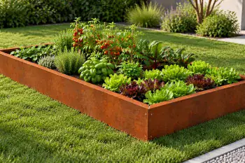 Aiuola rialzata in acciaio Corten 100×150×15 cm, piantumata con ortaggi in giardino