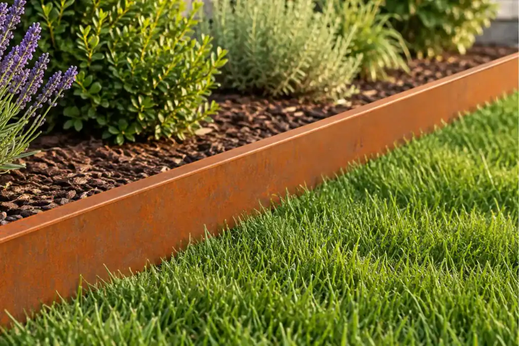 Aiuola rialzata realizzata con bordi modulari in acciaio Corten alti 15 cm, in un orto.