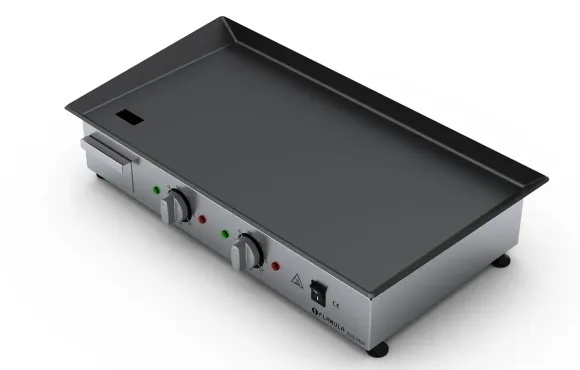Vista del piedino livellatore del barbecue elettrico Flamula, dispositivo moderno per la preparazione dei cibi sulla piastra.